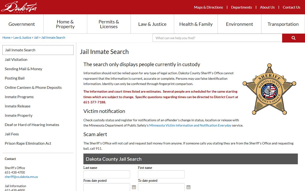 Dakota County inmate population jail search fields