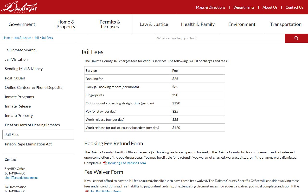 Dakota County Jail fee table for booking reports and inmate-related fees