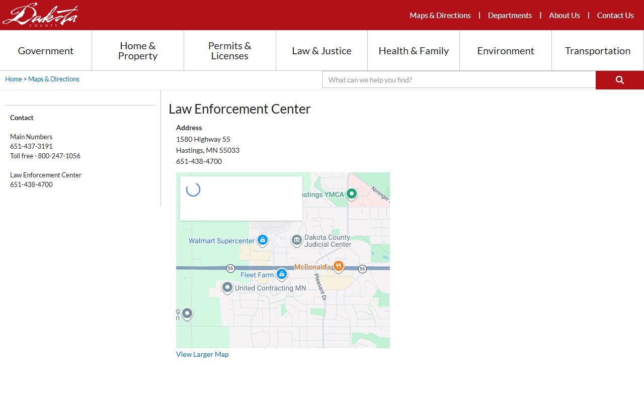 Dakota County Law Enforcement Center address for jail inmate visits and records