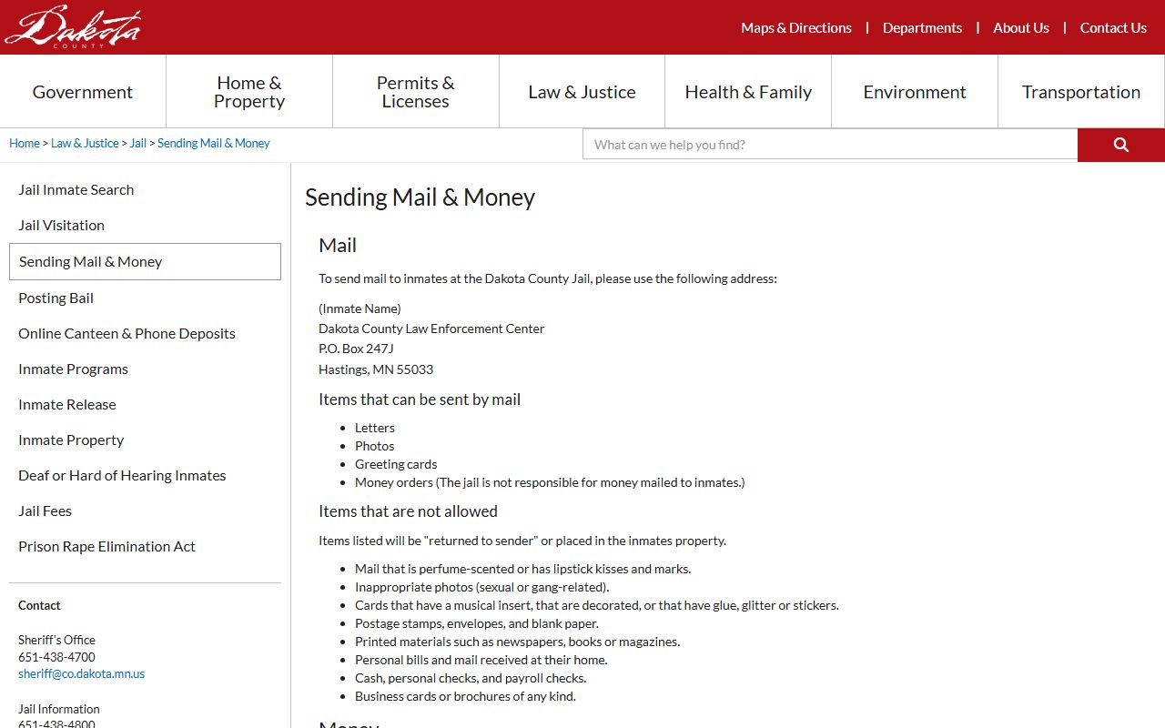 Dakota County Jail inmate mail rules and money deposit instructions