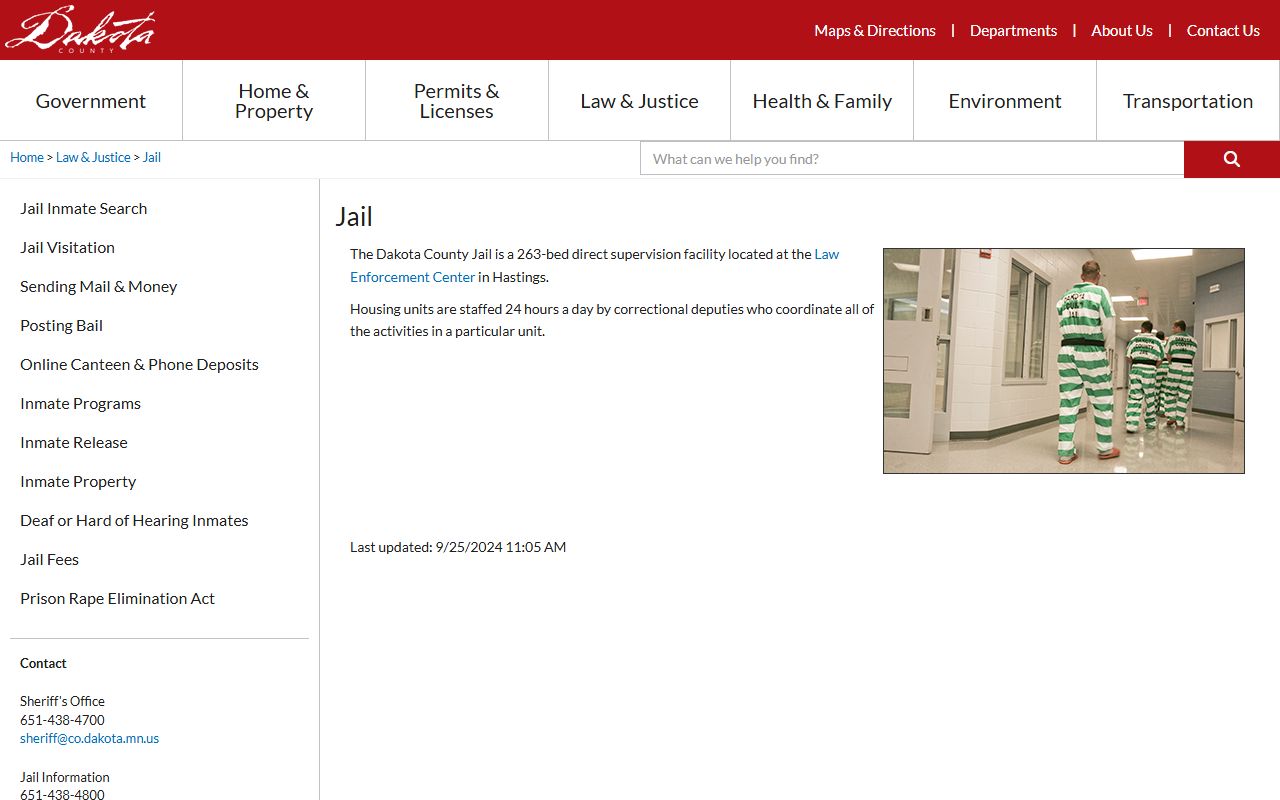 Dakota County Jail overview and inmate custody facility information