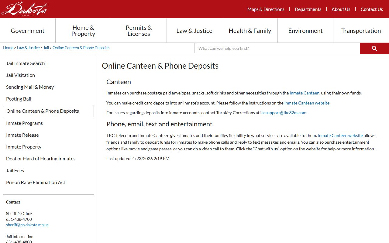 Dakota County Jail Inmate Canteen and TurnKey deposit information