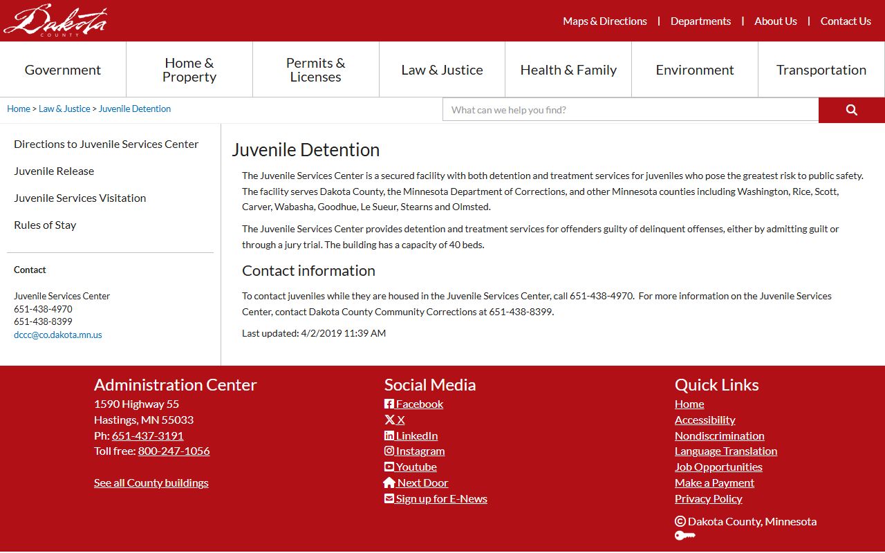 Dakota County Juvenile Services Center detention overview and capacity information